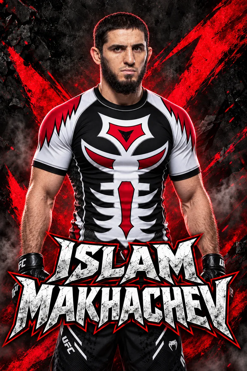Visuel créatif de Islam Makhachev avec le rashguard KRATUS